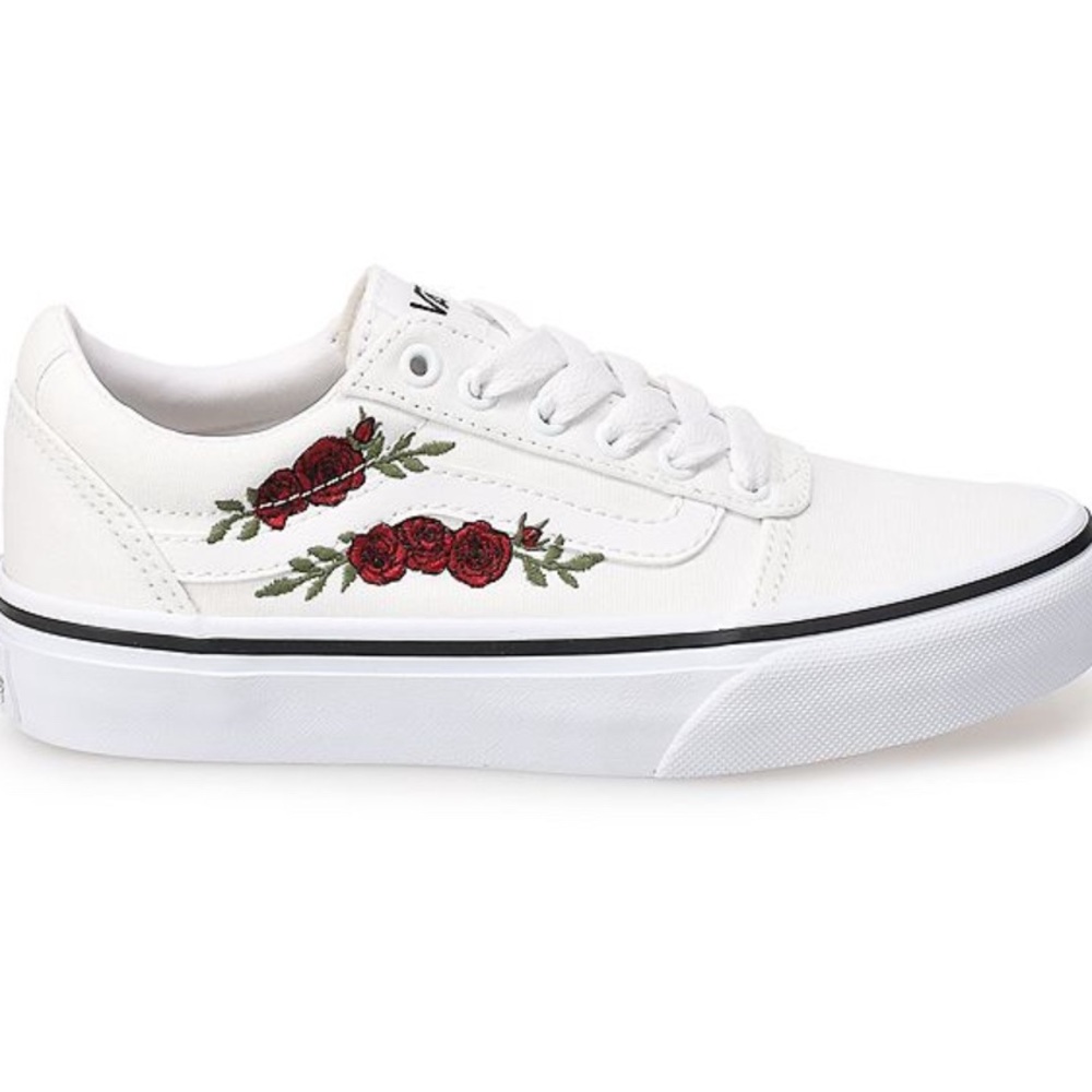 Vans Kids Shoes - White with Red Floral Embroidery